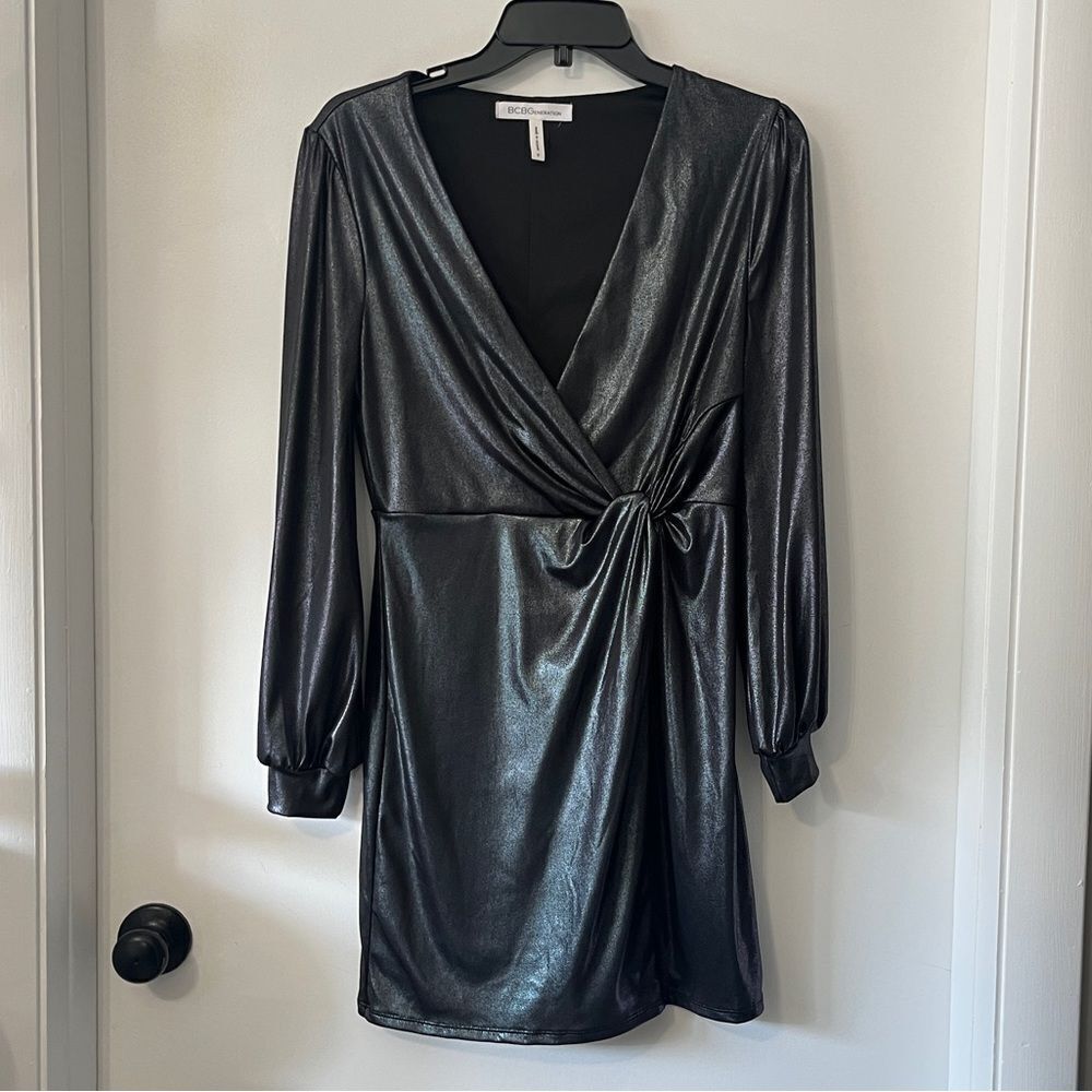 BCBG Generation Silver Black Sheen Long Sleeve Short Dress Small